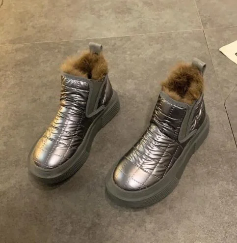 Antiskid Snow Boots,Women's Winter Platforms,Warm Rabbit Fur Cotton Shoes,Round Toe,Thick Sole,Female Footware,Black,Gold,Silver
