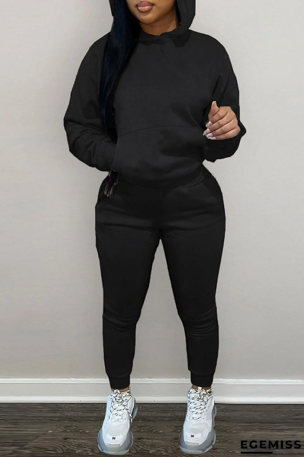 Black Fashion Casual Solid Basic Hooded Collar Long Sleeve Two Pieces | EGEMISS
