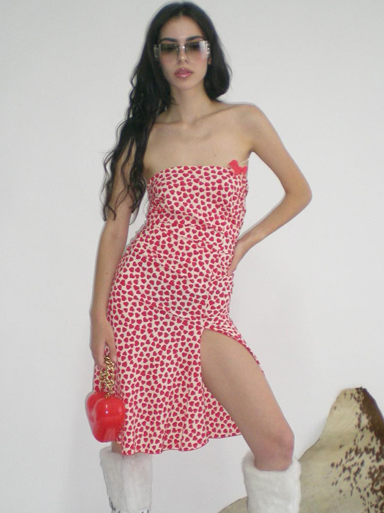 Hugcitar 2024 Summer Heart Print Strapless Backless Slit Sexy Slim Maxi Dress Women Elegant Y2K Outfits Birthday Party Festival