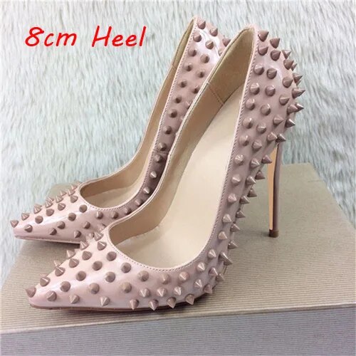 VCshoes Nude 12cm High Heeled Shoes Women Pointed Toe Rivet Shoes Women Exquisite Ladies Party Shoes MD008