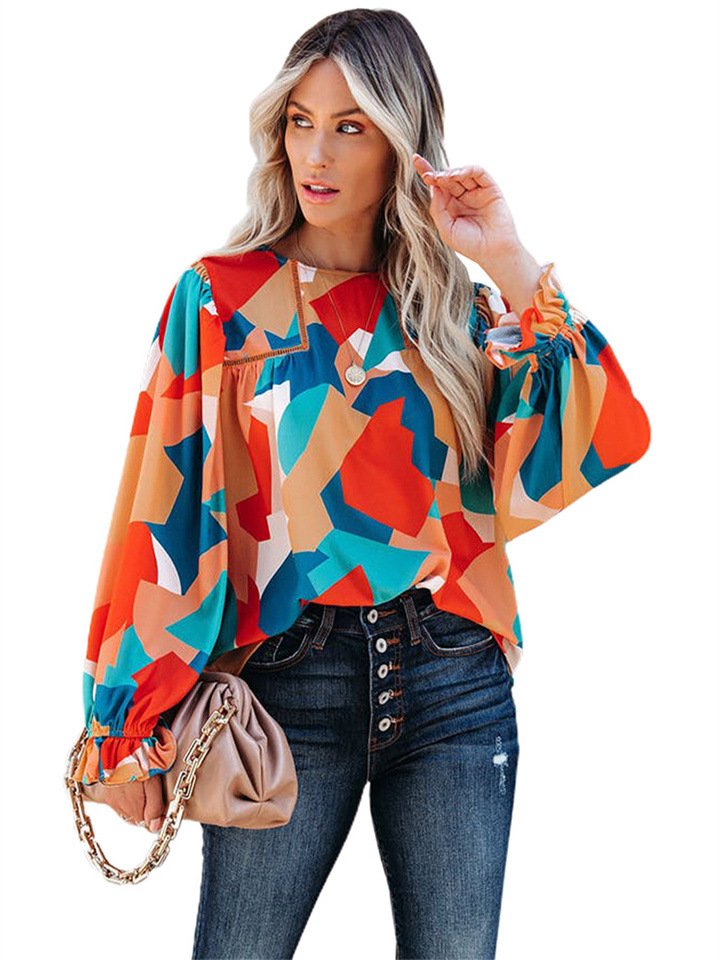 Geometric Color Block Print Chiffon Shirt Female Fall Loose Round Neck To Play The Bubble Sleeve Long Sleeve Tops