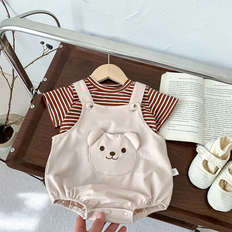 2pcs Baby Boy/Girl Striped Short Sleeve T-shirt & Bear Suspender Bodysuit