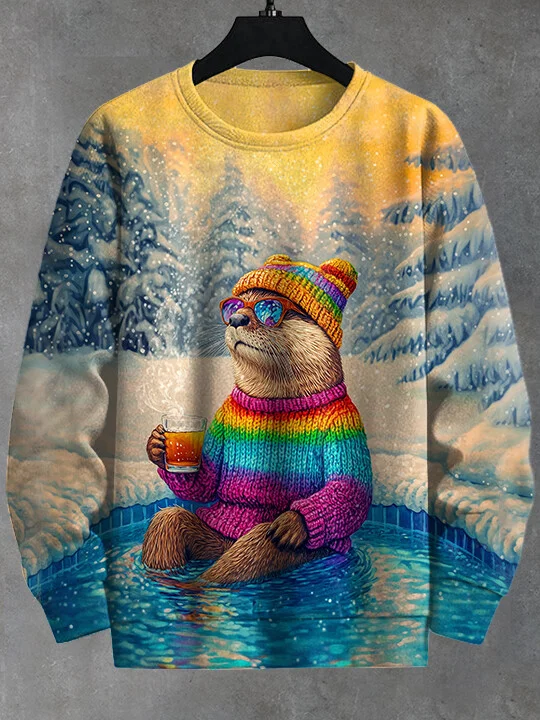 Men's Rainbow Sweater Otter Drinking Hot Springs Cedar Forest Art Print Casual Sweatshirt
