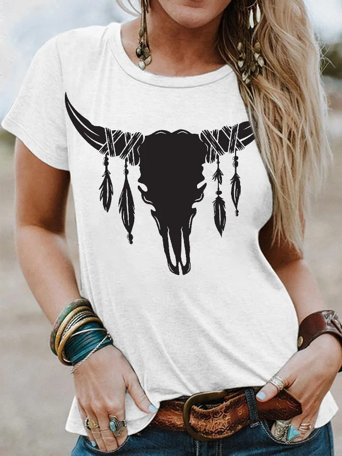 V-Neck Western Vintage Print T-Shirt