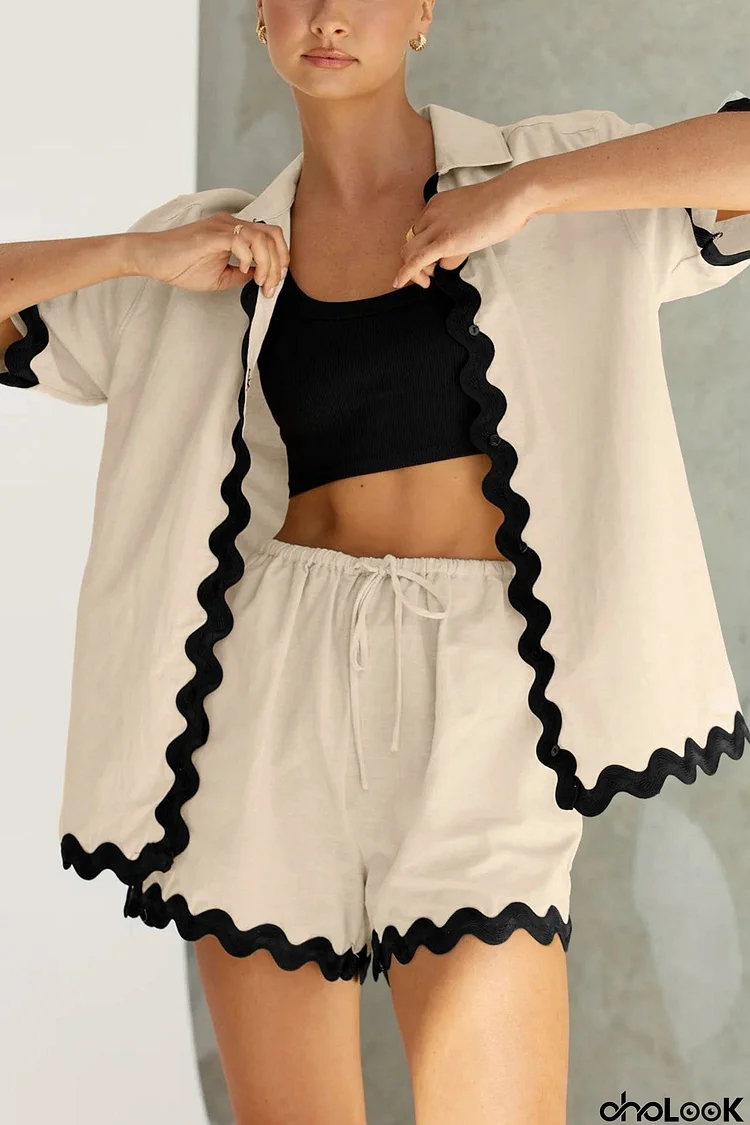 Contrast Wavy Shirt Two-piece Shorts Set