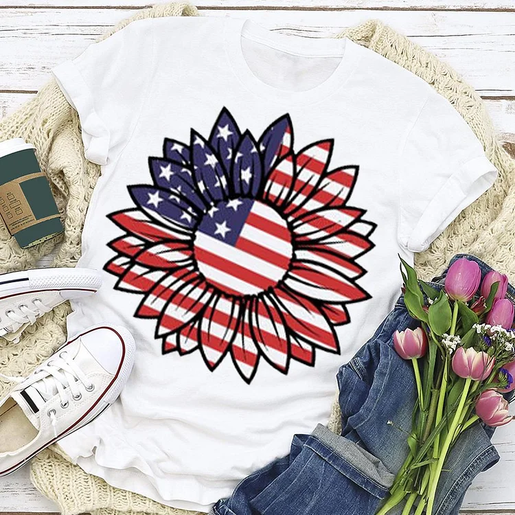 Independence Day Print Sunflower Letter T-shirt Tee-Annaletters