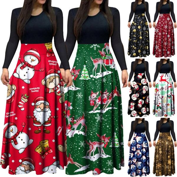 Women Long Sleeve Loose Santa Snowflake Print Maxi Dresses Round Neck Casual Christmas Dress - Shop Trendy Women's Fashion | TeeYours