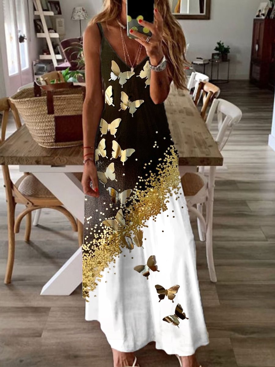 Fashion Butterfly Print Colorblock Slip Maxi Dress Womens