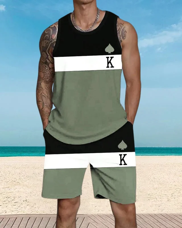 Men's casual vacation color block printed vest Set 042