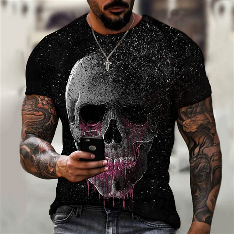 Fire Skull Crew Neck Short Sleeves Skeleton 3D Print Mens T-shirts at Hiphopee