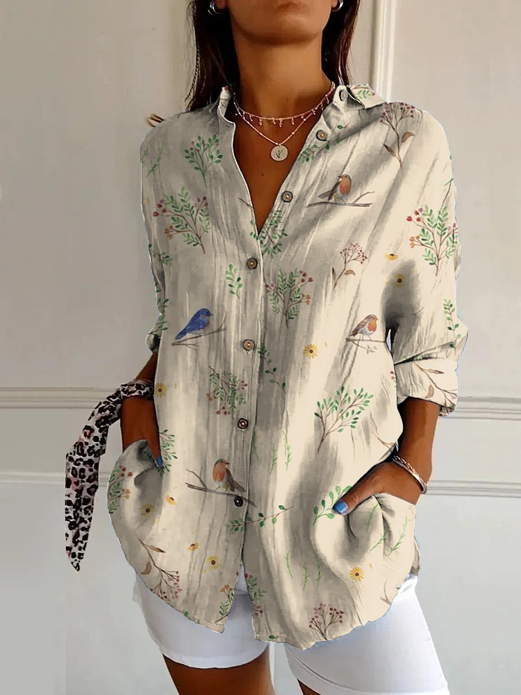 Vintage Branch Bird Casual Long Sleeve Shirt
