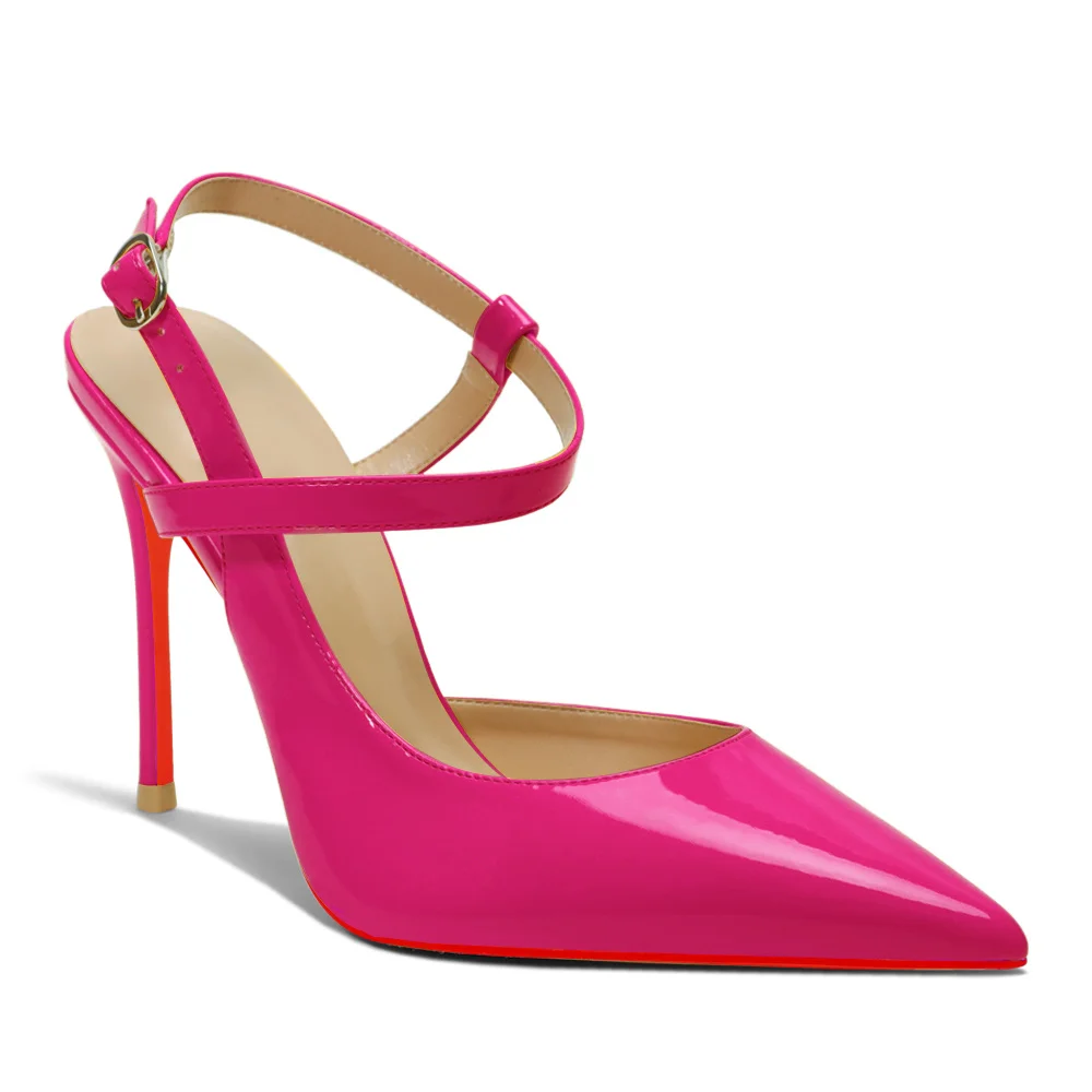 100mm Women Slingback Pumps Ankle Strap Jenlove Stiletto Mid Heel Close Pointed Toe Dress Red Bottoms Shoes-MERUMOTE