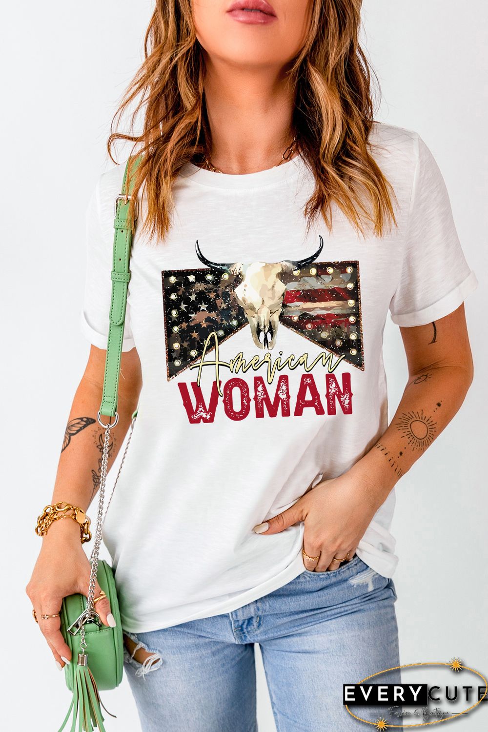 White American Woman Cow Skull Print Graphic T Shirt