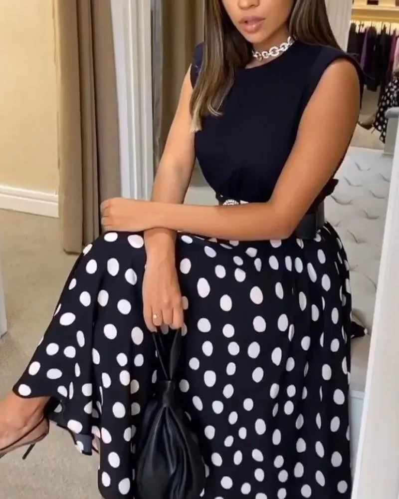 Sleeveless T-shirt Polka Dot Dress Set