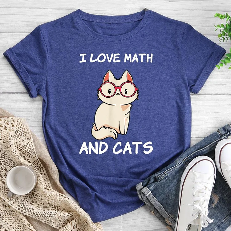 I Love Math And Cats Round Neck T-shirt