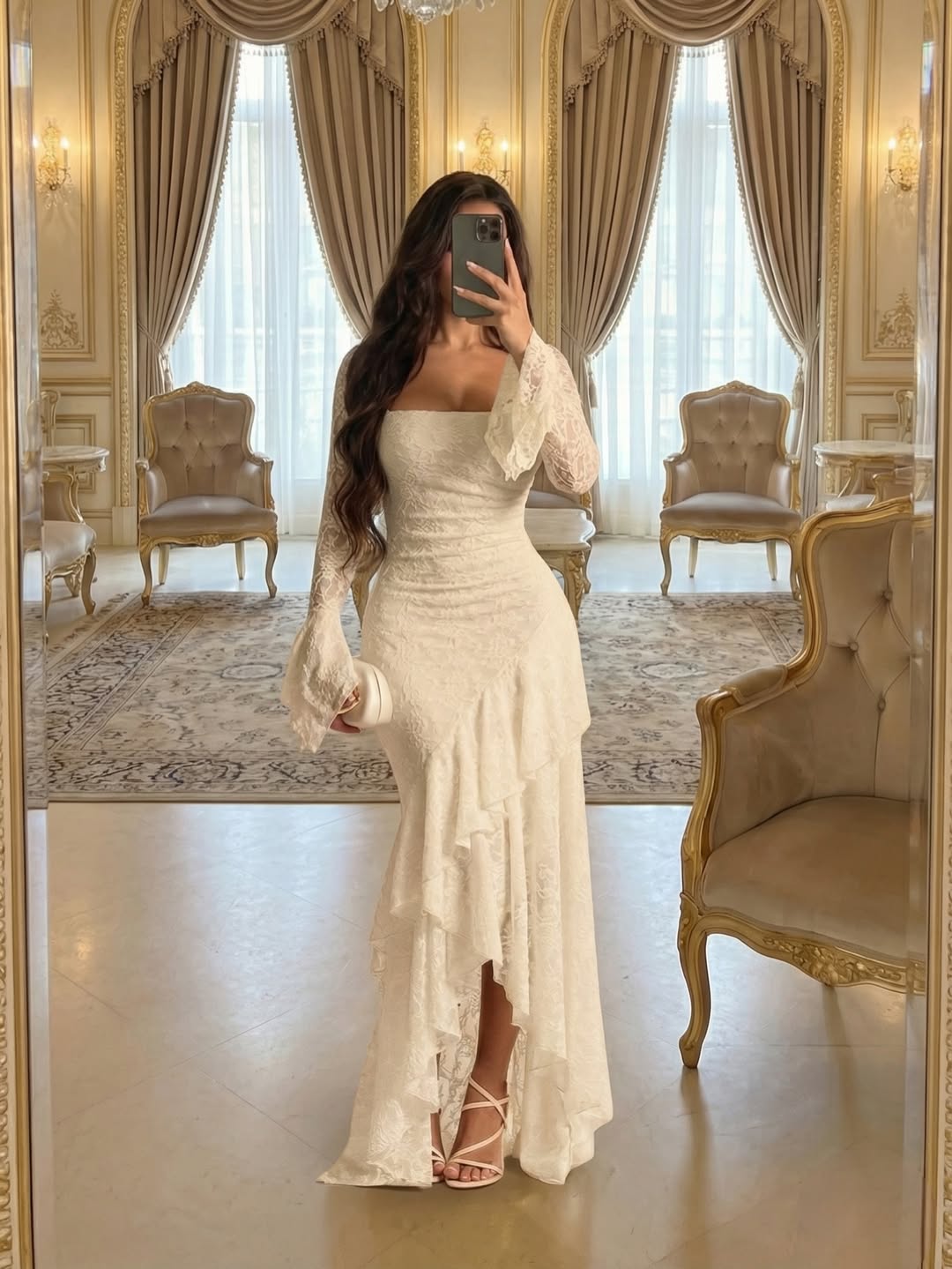 Lussooy Cream Square Ruffles Lace Prom Dress With Long Sleeves