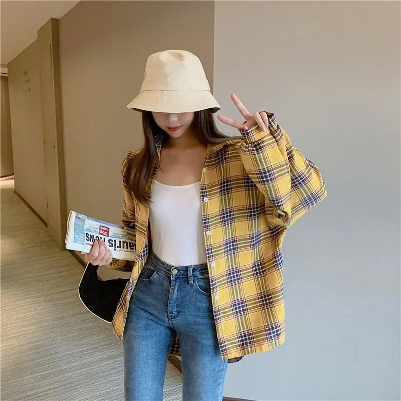 Zingj Korean Style Plaid Shirts Fashion Woman Blouses 2021 Oversized Vintage Harajuku Top Long Sleeve Cardigan Autumn Blouse