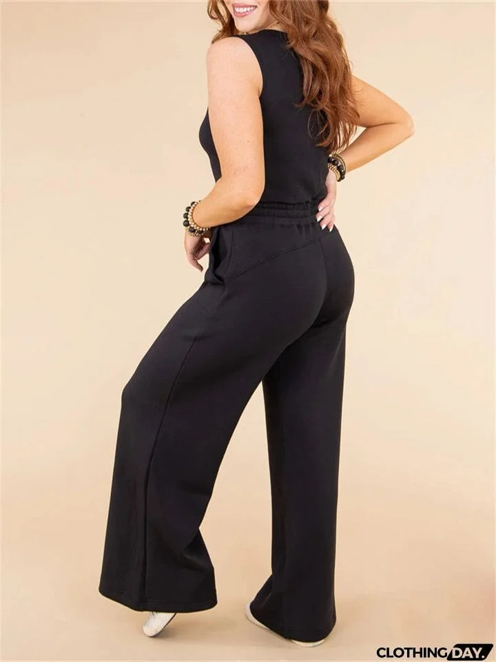 Ladies Summer Relaxed Crew Neck Sleeveless Straight Leg Jumpsuit