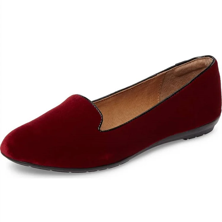 Maroon Velvet Comfortable Flats Round Toe Loafers for Women |FSJ Shoes