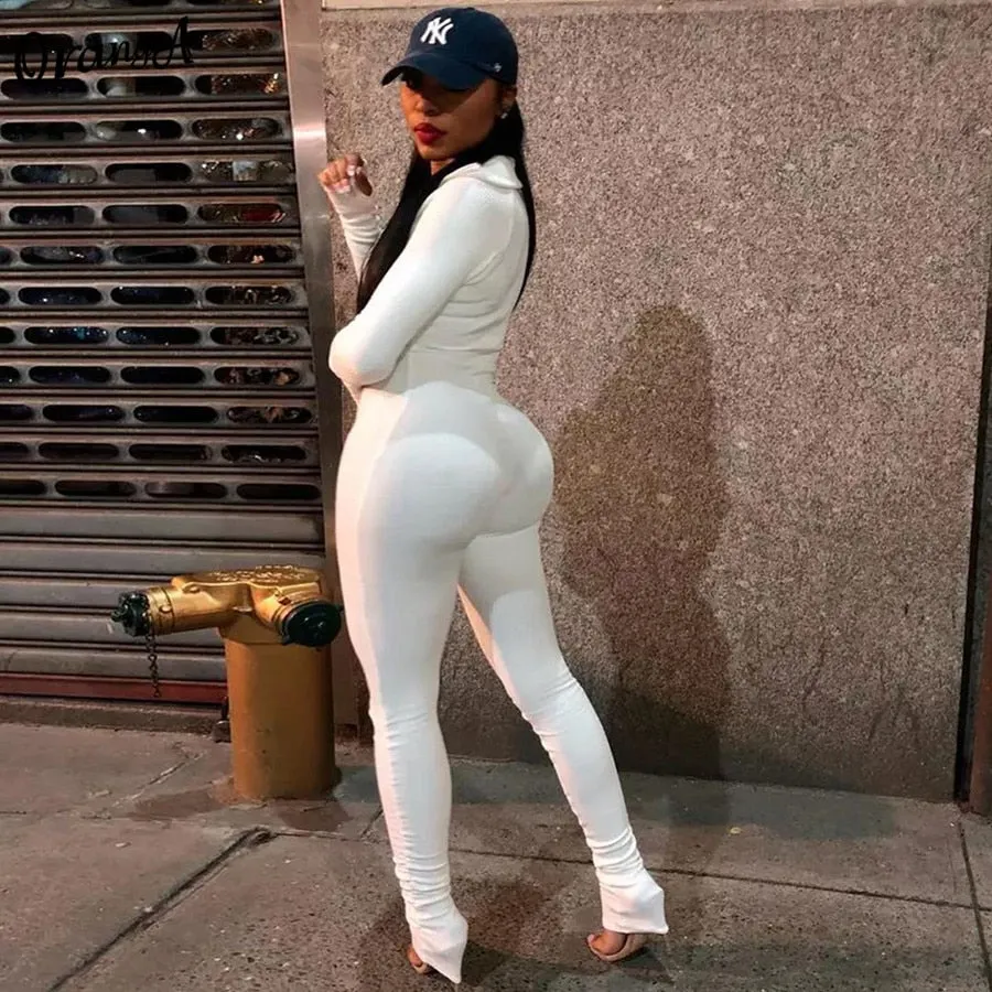 OrangeA Women Ribbed Summer Activewear Skinny Stacked Jumpsuits Zipper Stretchy Turtleneck Fitness Workout Casual Streetwear