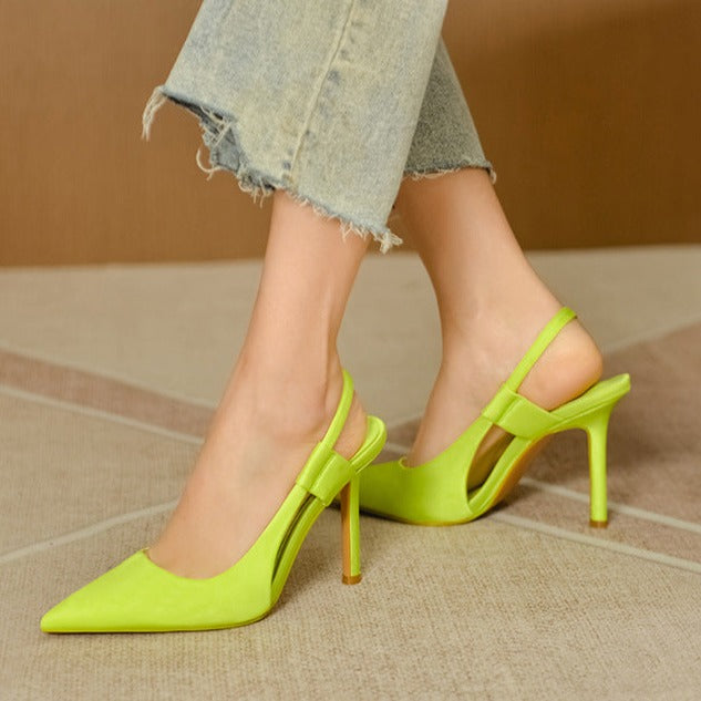 Women's neon green pointed closed toe slingback high heels | Summer slip on stiletto mules