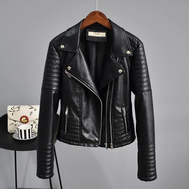 FTLZZ Autumn Faux Leather Jacket Women Turndown Collar Pu Motorcycle Black Punk Coat Female Rivet Zipper Outerwear