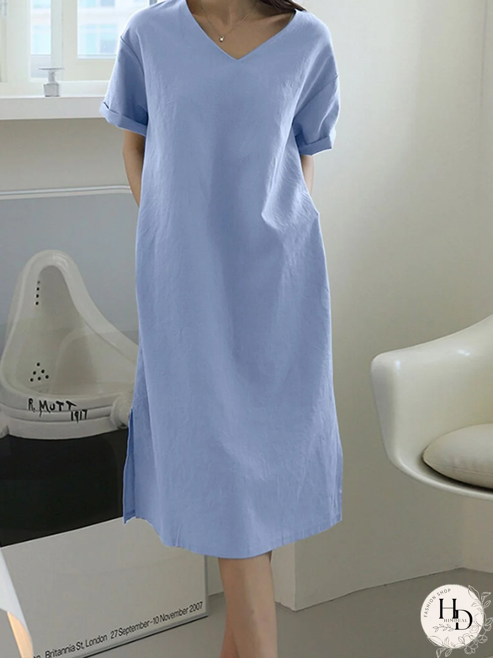 Solid Pocket Slit Hem V-neck Rolled Short Sleeve Dress