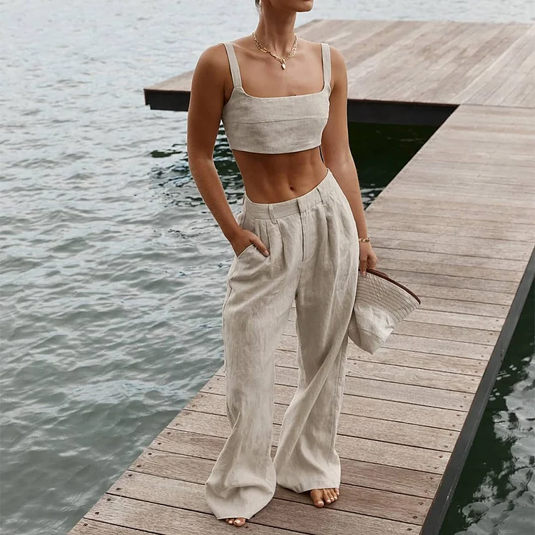 Women's Breathable Linen Wide Leg Pants Set