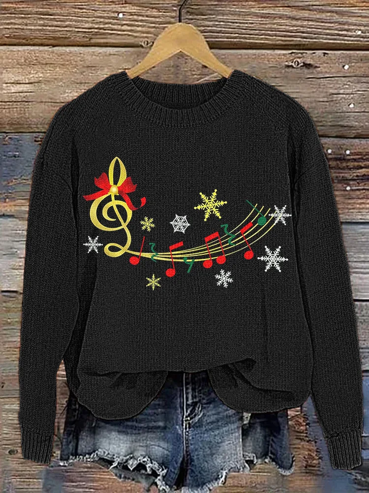 Comstylish Music Notes Christmas Snowflake Cozy Knit Sweater