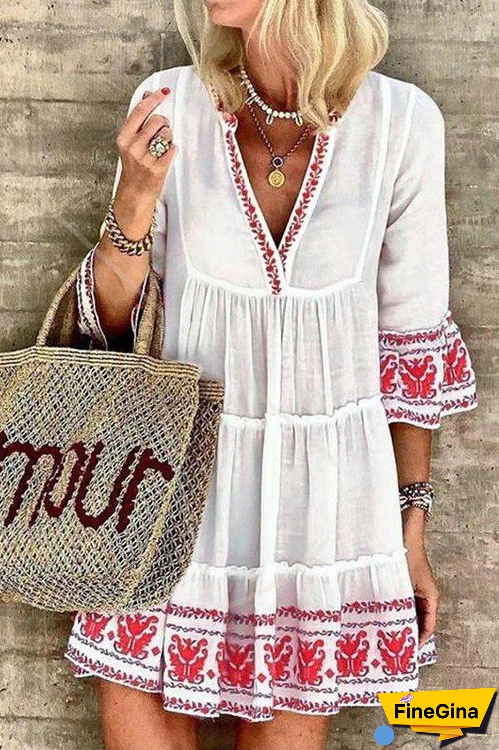 Bohemian Print Lace V-Neck Dress