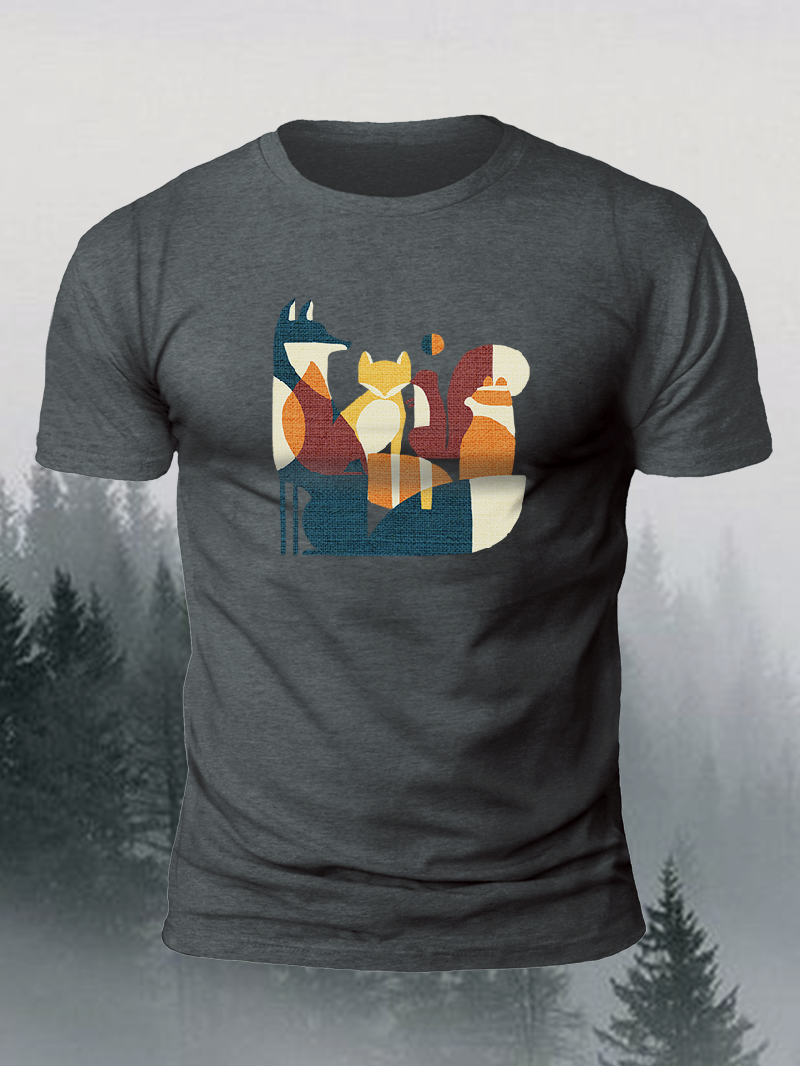 Men's Retro Geometric Combination Fox Short-Sleeved Shirt in  mildstyles