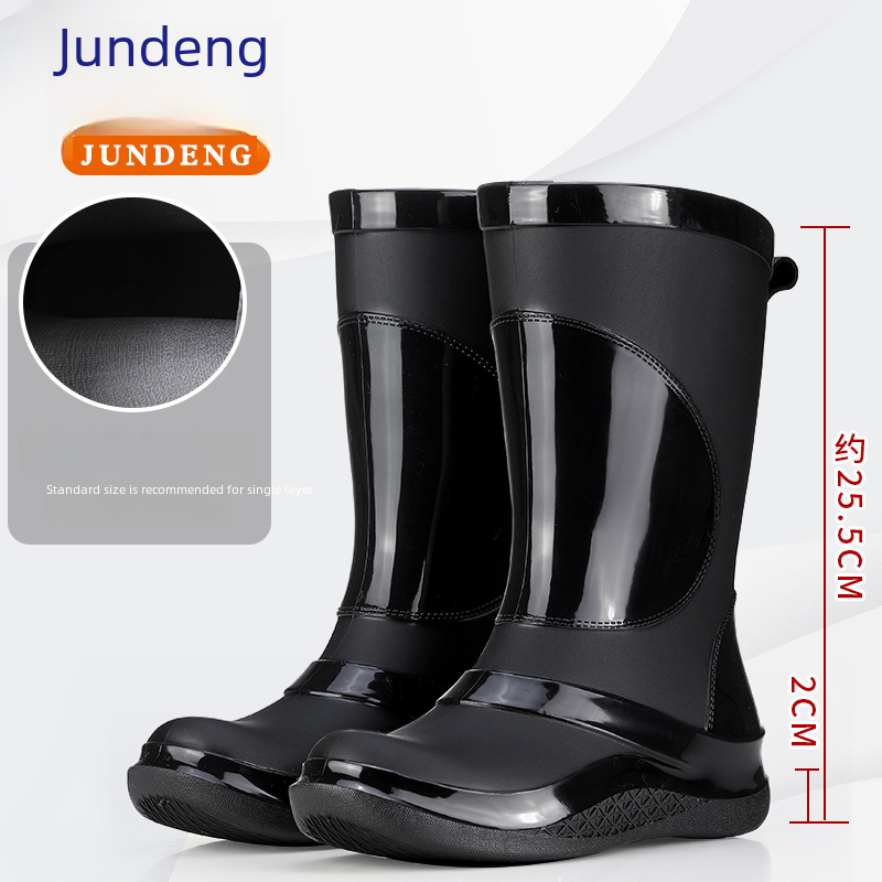 Mid-calf Waterproof Anti-slip Work Shoes Women Fashionable Outdoor Simple Thick Velvet Ladies Rain Boots Pure Color Low Heels Boots
