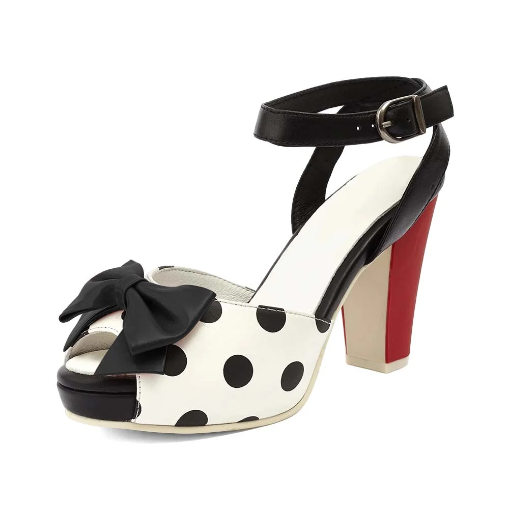 White & Black Dot Leather Open Toe Sandals With Bow Slingback Ankle Strap Chunky Heels Nicepairs