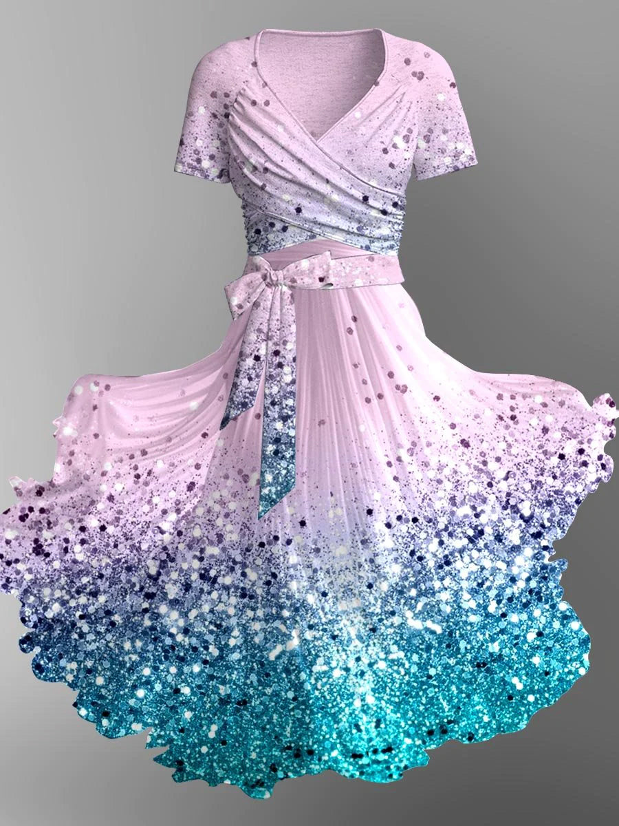 Glitter Gradient Art Print Elegant Vintage Chic V-Neck Strap Short Sleeve Midi Dress