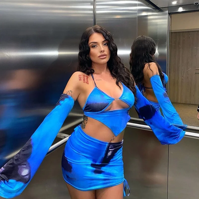 BIIKPIIK Women Halter V-neck Flare Sleeve Tank Tops Drawstring Skirts Two Piece Sets For Beach Vacation All-match Print Clothing