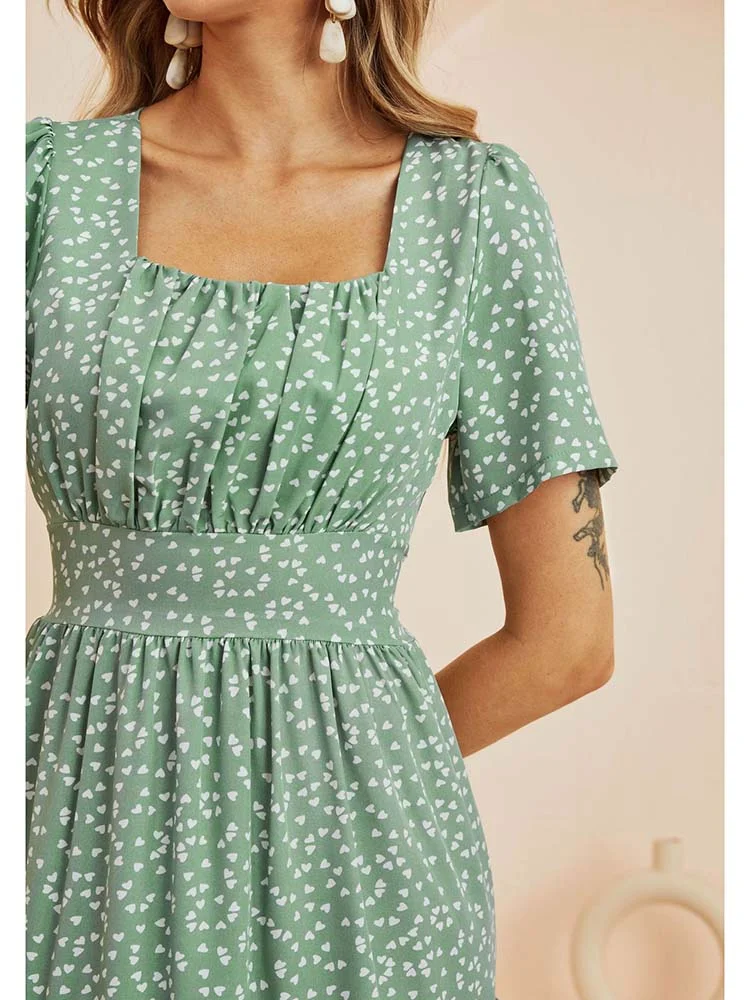 Summer Dress Women Short Sleeve High Waist Floral Print Midi Dress Casual Elegant Square Collar Holiday Beach clothes