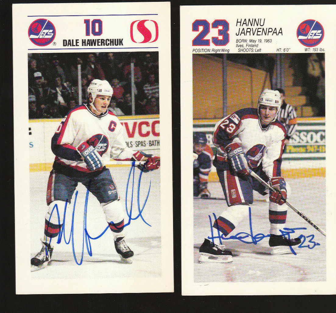 4 LOT SIGNED POSTCARDS WINNIPEG JETS DALE HAWERCHUK FREDRIK OLAUSSON JARVENPAA +