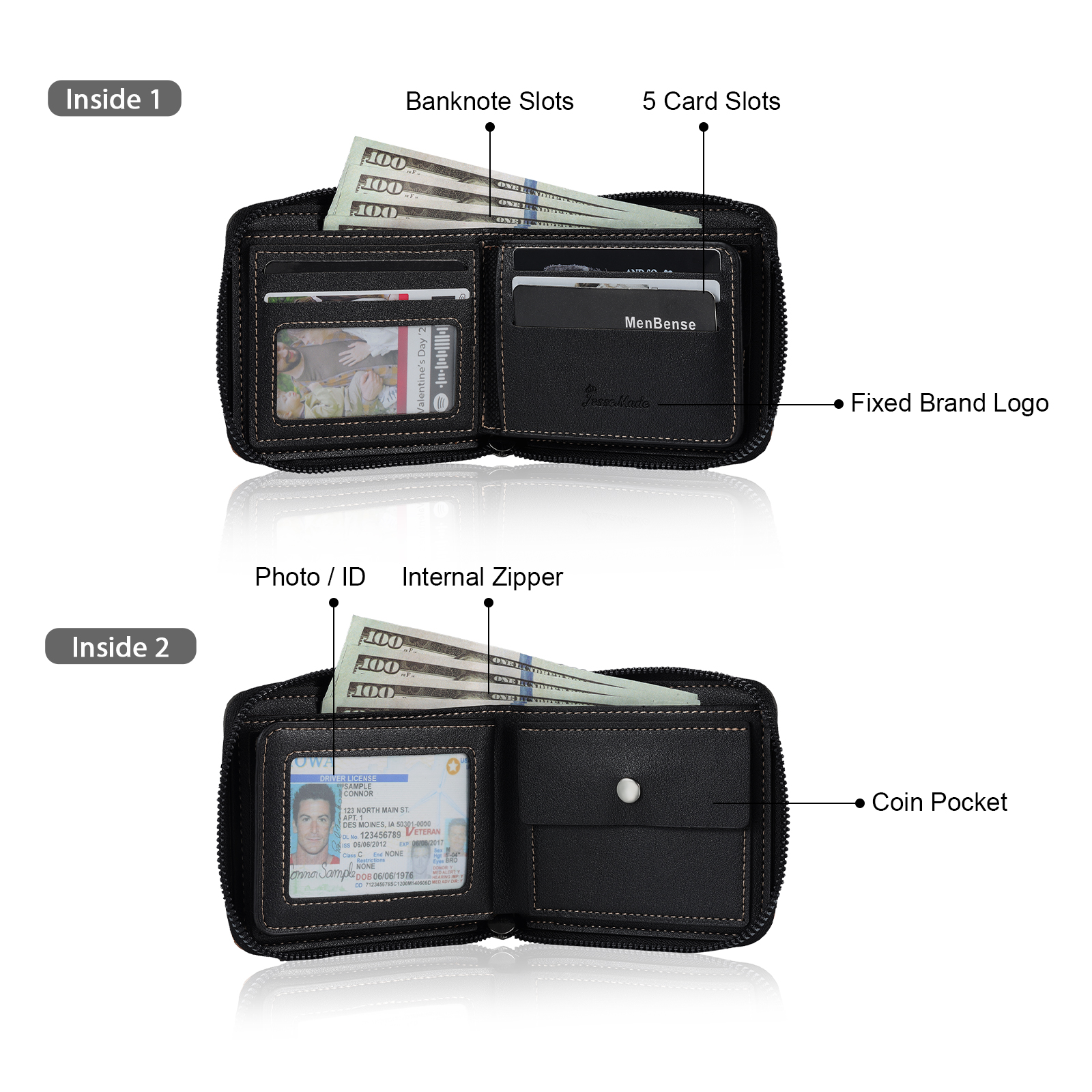 Personalised Photo & Name & Letter Men's Billfold Wallet Monogram Leather Male Wallet Zipper Father's Day Gifts for Dad-Jessemade AU