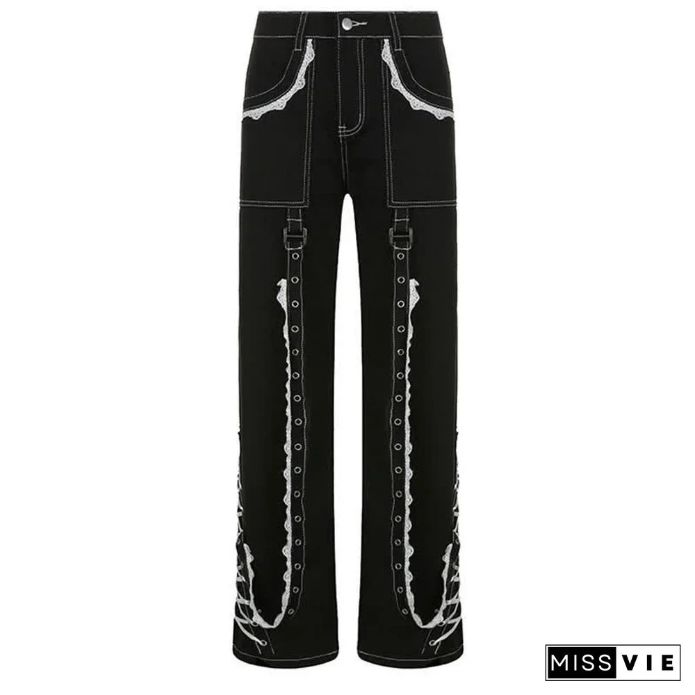 Gothic Bandage Lace Up Straight Baggy Denim  Pants