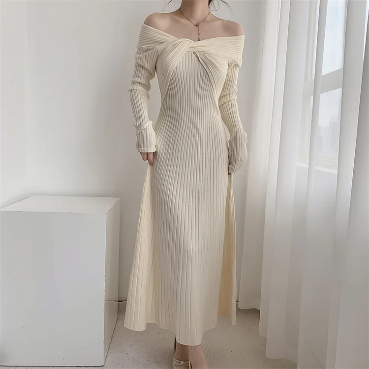 Women's Fashionable Elegant Knitted Party V-neck Solid Color One-Shoulder Maxi Dress