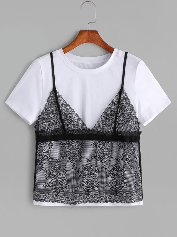 Contrast Floral Lace Cami Overlay T-Shirt