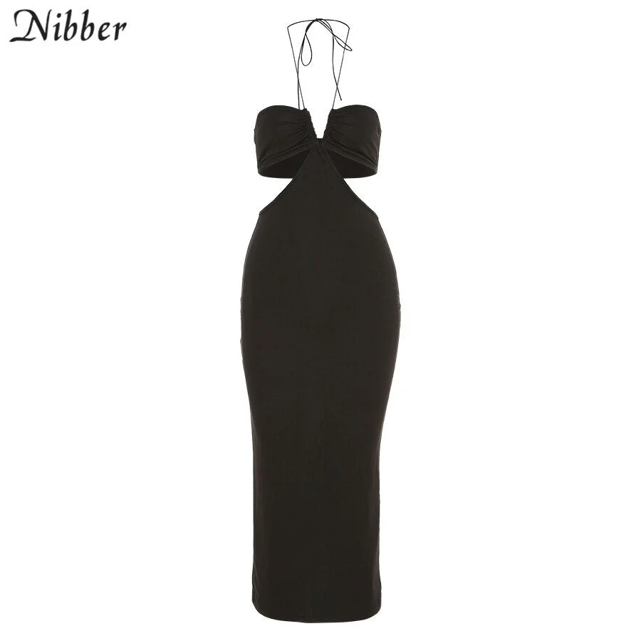 Nibber Traf Solid Color Long Dress Woman Casual  Halter Neck Straps Exposed Waist Summer Sundresses Elegant Party Sexy Robe