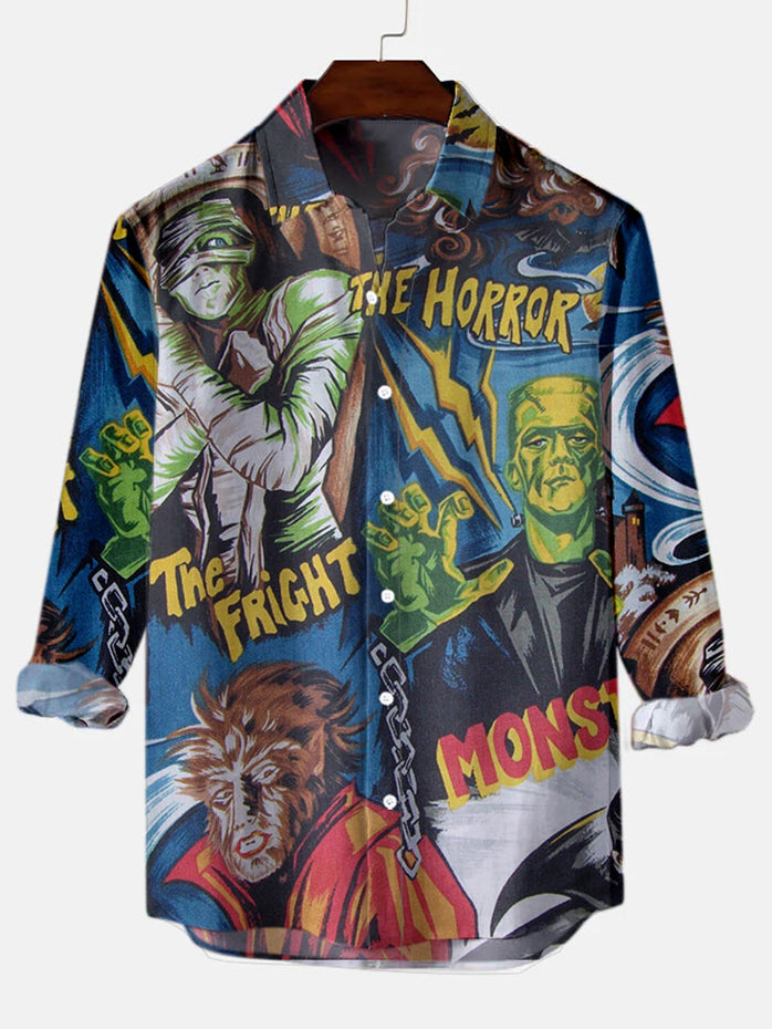 Men's Halloween Retro Movie Poster Pattern Long Sleeve Shirt PLUSCLOTHESMAN