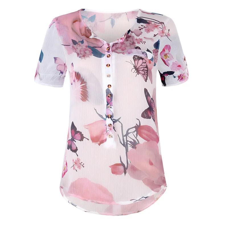Butterfly Print Button Short Sleeve Chiffon Shirt