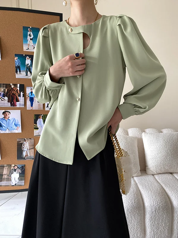 Urban Puff Sleeves Hollow Solid Color Round-Neck Blouses