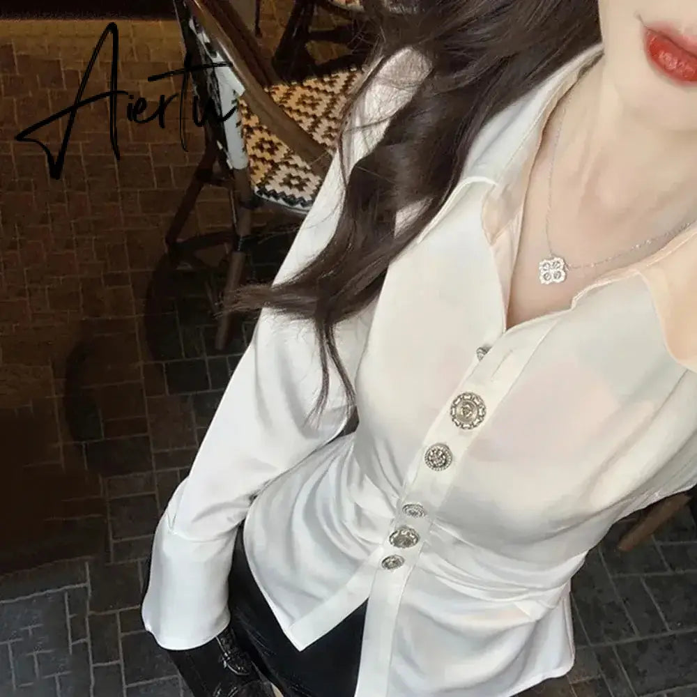 Aiertu Korean Style Elegant Satin Shirts Office Lady 2024 Spring Design Fashion Blouse Women Long Sleeve Button Y2k Tops Female Outwear Aiertu