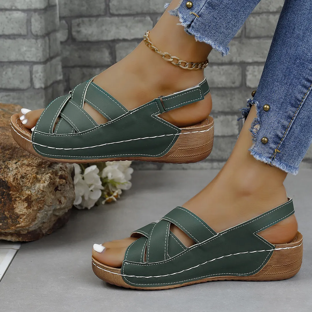 Breakj Breakj Summer New Slope With Magic Sticky Fish Mouth Roman Sandals Women Large-Size Thick-Soled Sandals Women