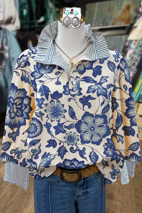 Elegant Floral Print Striped Top