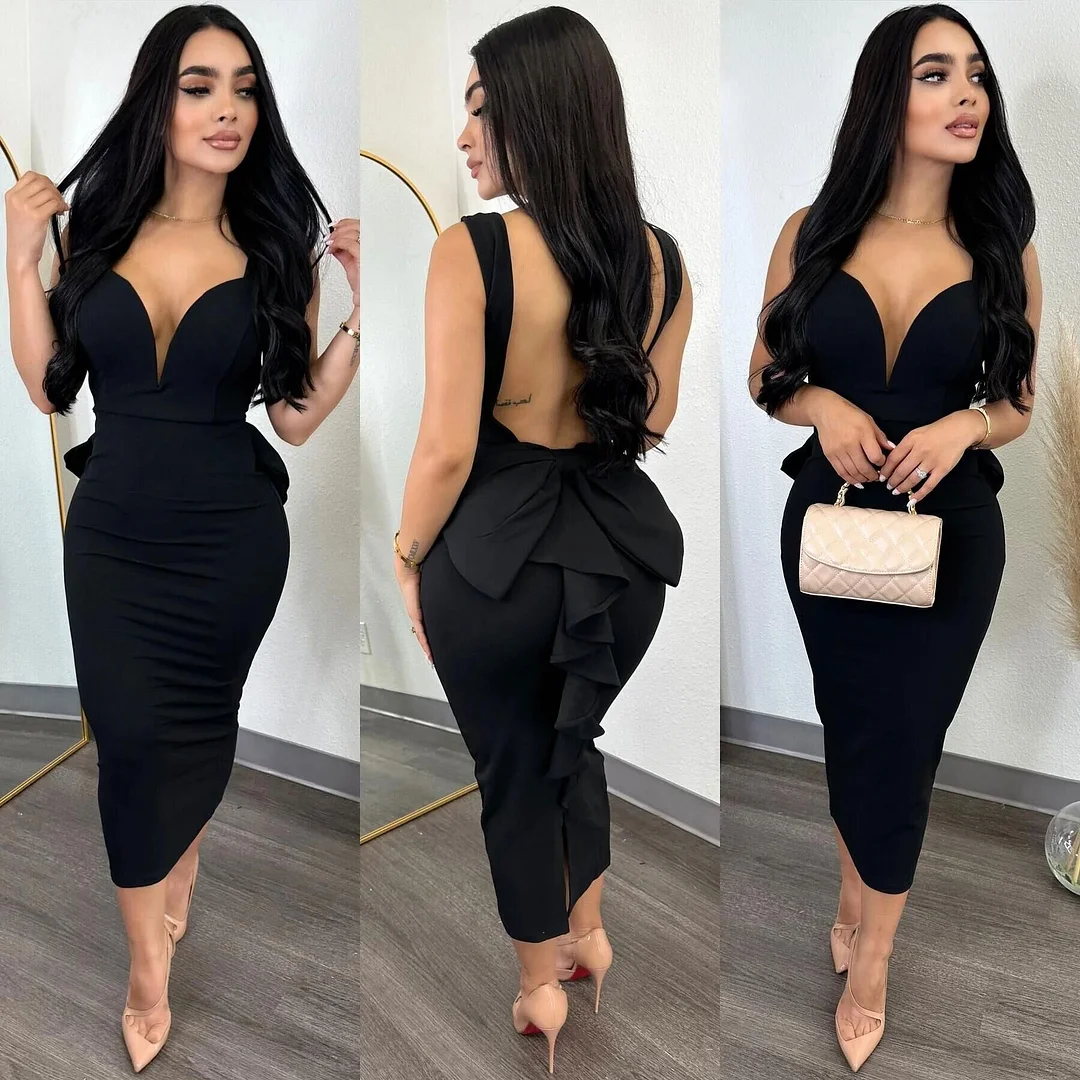 Wongn Wongn Temperament Elegant Solid Color Wrap Hip Dew Back Deep V High Waist Bow Stretch Slit Dress