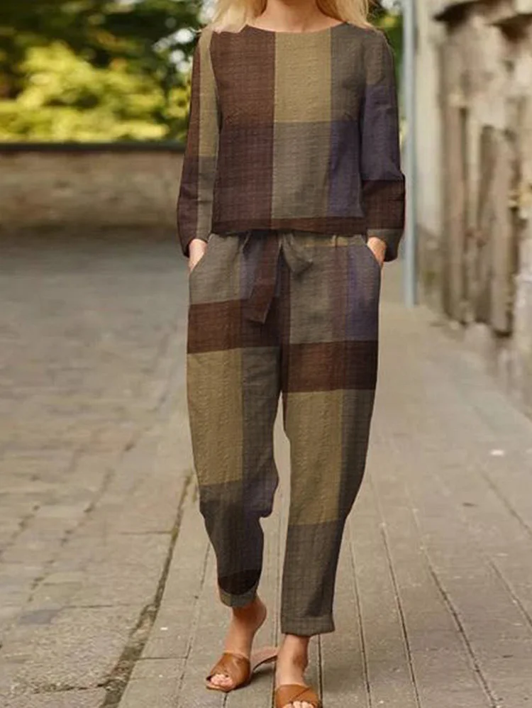 Gingham Print Colorblock Tie Front Pocket Set